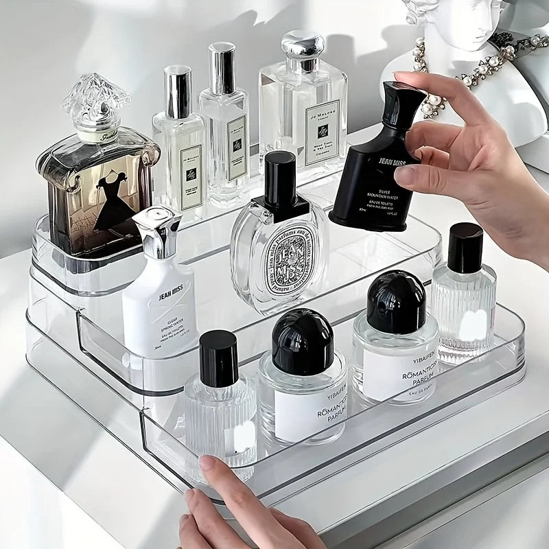 Organisateur de maquillage et parfums en acrylique transparent.