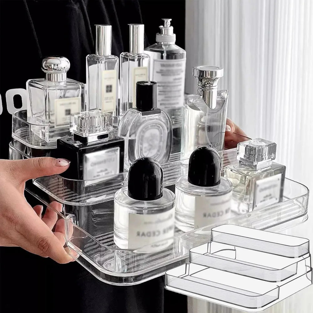 Organisateur de maquillage et parfums en acrylique transparent.
